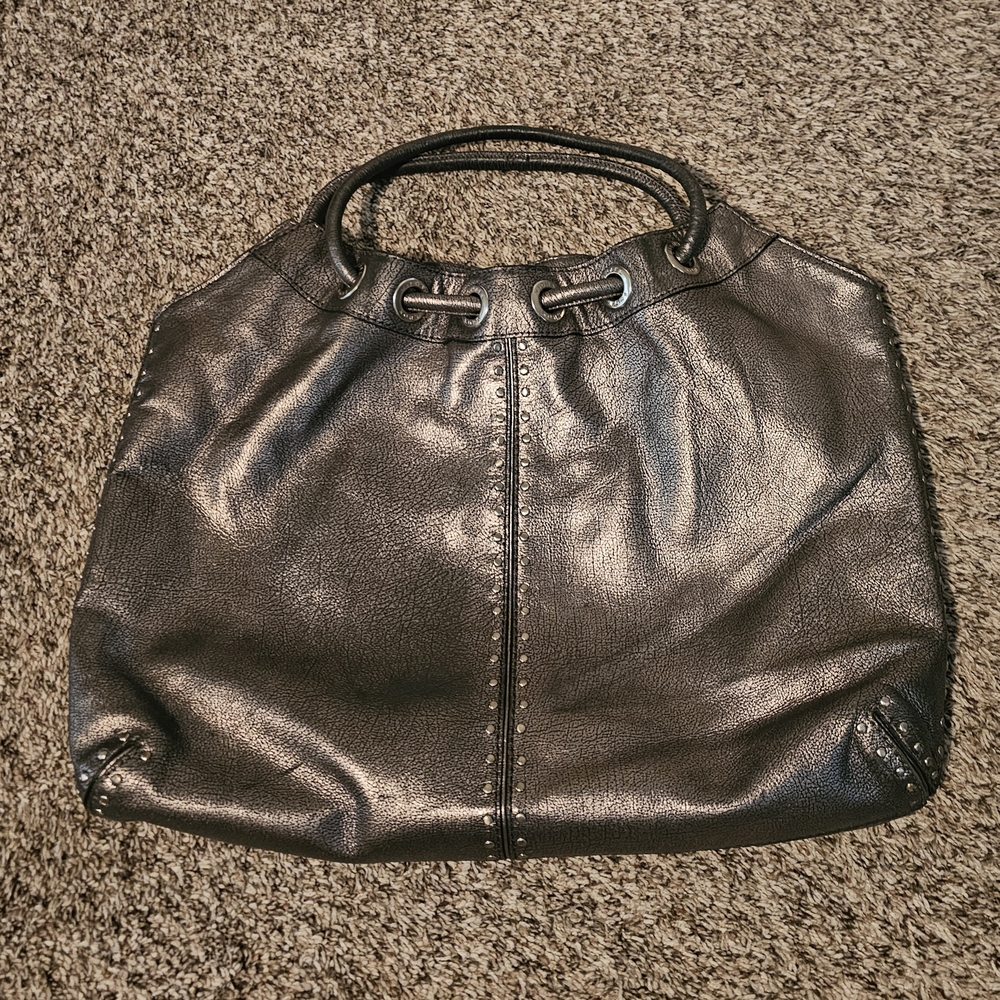 Michael Kors Studded Silver Metallic Leather Shoulder Bag